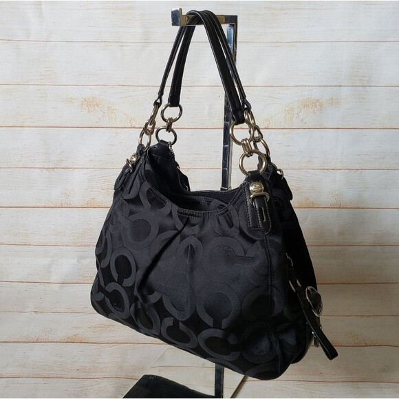 Coach Signature Logo Fabric Leather Satchel Shoulder Handbag Black Silver Boxed - Picture 1 of 16